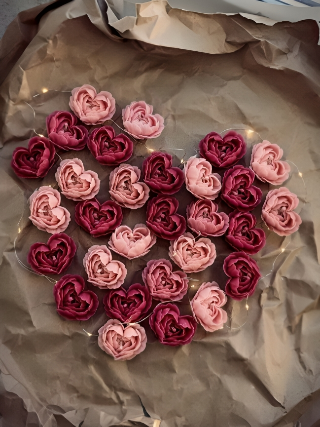 Rankų darbo rožinės širdelės formos žvakės iš sojų vaško.